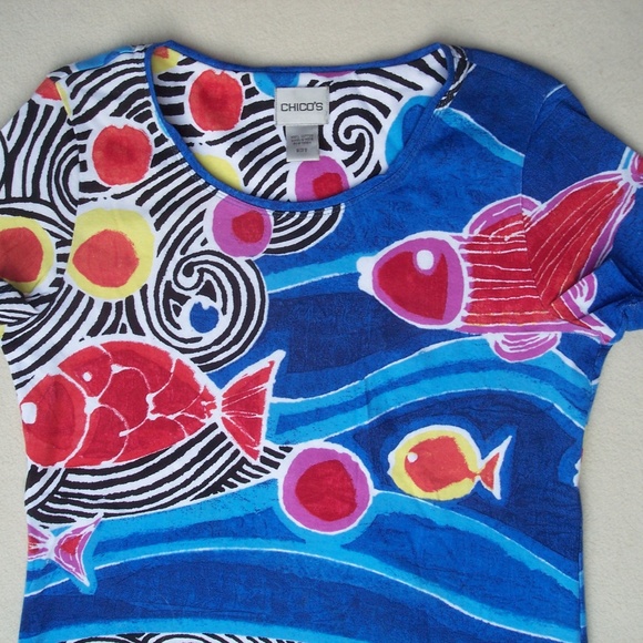 Chico's Tops - Chicos Top Sz S 0 Fish Sea Ocean Cap Sleeve Tee